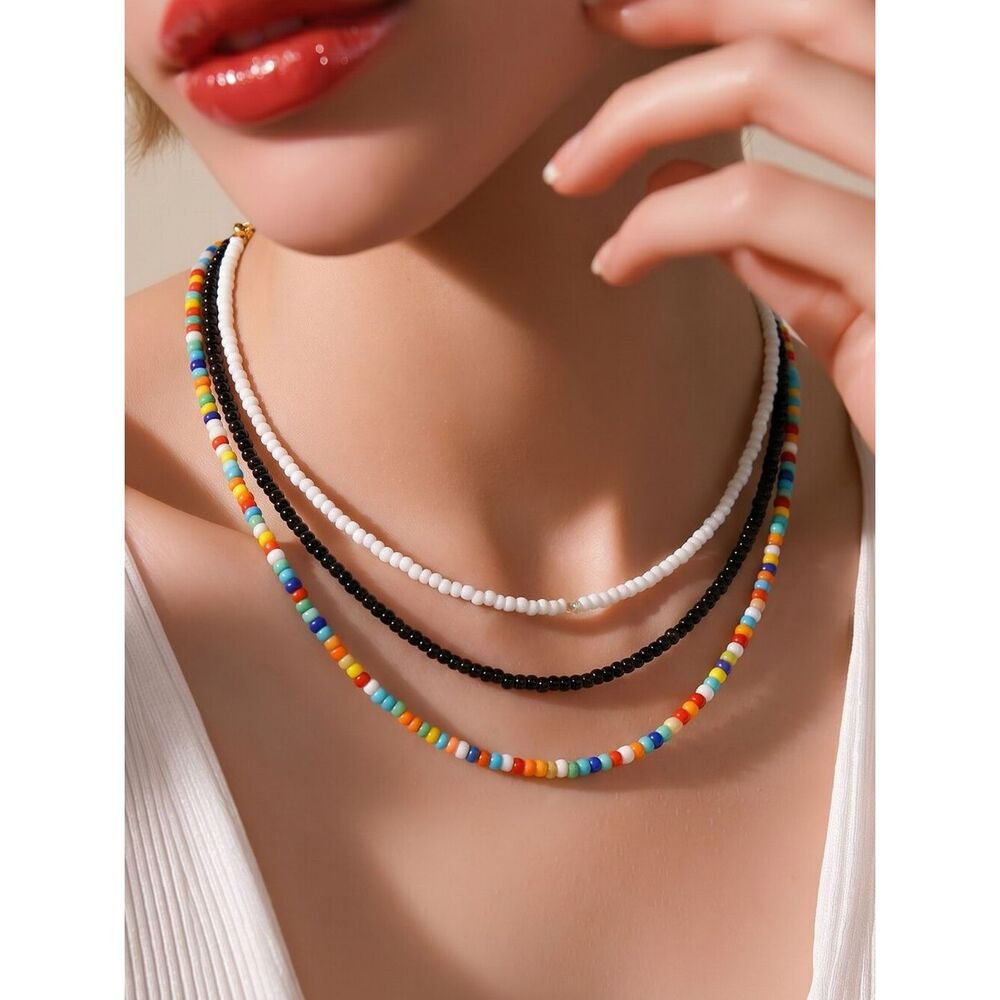 3 pcs Beaded Necklace Black White Multi-color Jewelry Boho-Chic Tribal Western